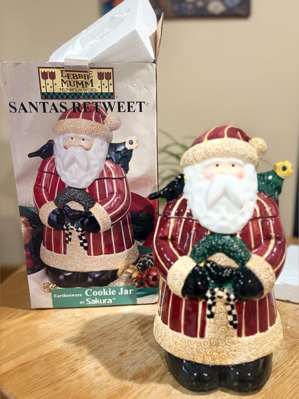 Vintage 90’s Ceramic cookie jar, Sakura Santa's Retweet by Debbie Mumm